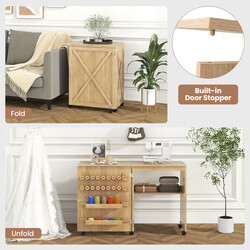 Vikbart 2-i-1 sybord och skrivbord med förvaring och hjul i vit trädesign