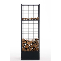 Robust vedställ i svart metall med extra hylla