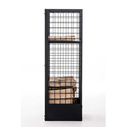 Robust vedställ i svart metall med extra hylla